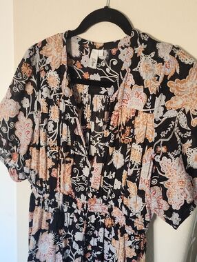 Elan Black Floral/Paisley Midi Dress with Pink and Peach Accents L